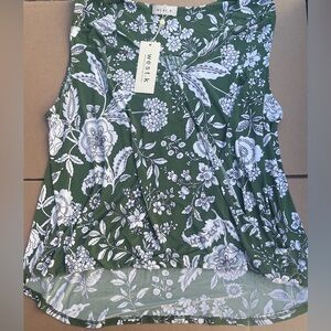 Green and White Sleeveless Tank Top with Elegant Floral Pattern NEW WITH TAGS